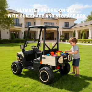 English Elm 24v Kids Electric Golf Cart Two Seat 4wd Ride on Toy with Remote and Sun Shade Beige W3822P387465