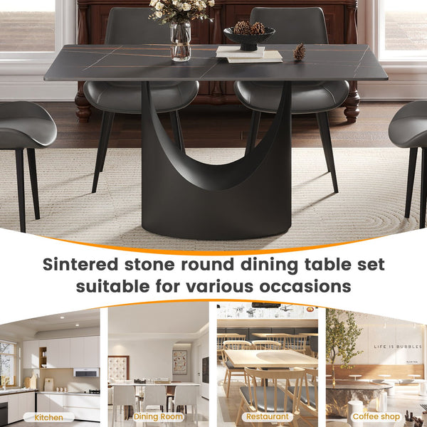 English Elm 55.12"Modern Sintered Stone Dining Table with Bronze Iron Legs — Sleek Rectangular Top, Seats 6, 400 lb Capacity Black W1535S00564