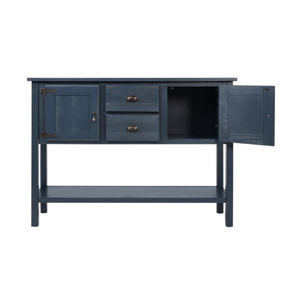 English Elm 46'' Solid Pine Retro Buffet Server with Iron Hardware Drawers Cabinets and Open Shelf Navy Blue W1202P457252