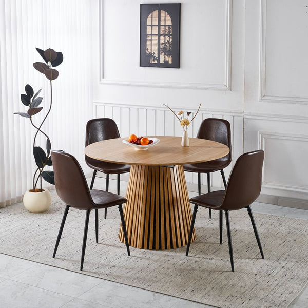 English Elm 1+4,5pieces Mid-century Dining Set Mdf Top Metal Pedestal Base Seats Six Modern Kitchen Brown W3766S00006