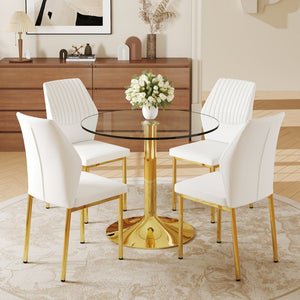 English Elm Table And Chair Set - 35" Round Tempered Glass Dining Table With Gold Metal Base & 4 White Chairs W1151S03703-GIGA