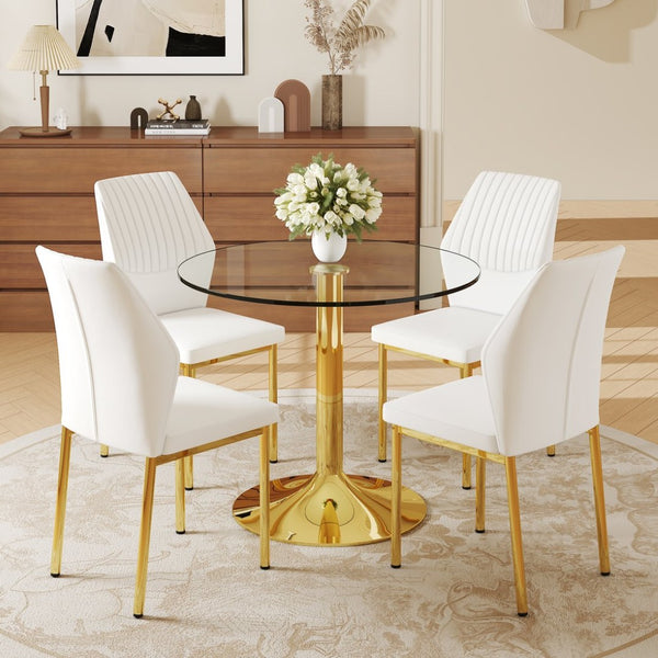 English Elm Table And Chair Set - 35" Round Tempered Glass Dining Table With Gold Metal Base & 4 White Chairs W1151S03703-GIGA