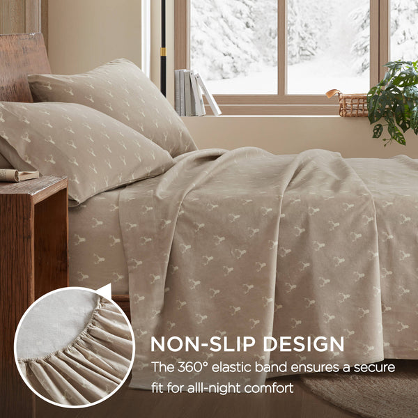 English Elm 4 Pieces Queen 100% Cotton Flannel Sheet Set - Cozy Rustic Stag Head Design For Ultimate Comfort B035P381353