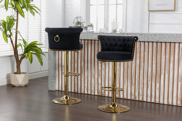 English Elm UNITED Velvet 360° Rotating Bar Chair with Diamond Stitching, Gold Frame, Plush Foam Seat, Adjustable Height Black W1568P361716
