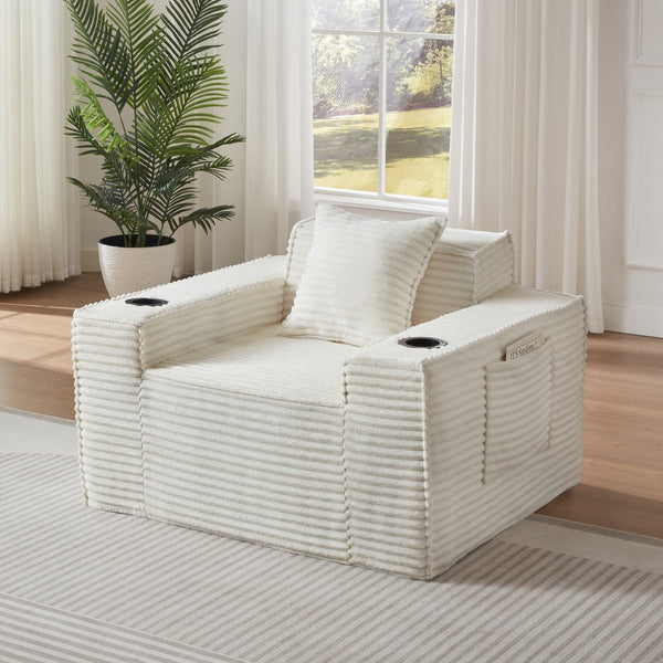 English Elm 1seater Corduroy Cloud Sofa Compact Pocket Spring Chair for Studio Apartment Office White W3396P434748