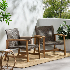English Elm Christopher Knight Home® - HAMPTON Wood & Wicker Club Chair Set of 2 — Natural Acacia Frame, Mixed Mocha Poly Wicker, Handcrafted Elegance 60397.00WTCMCA