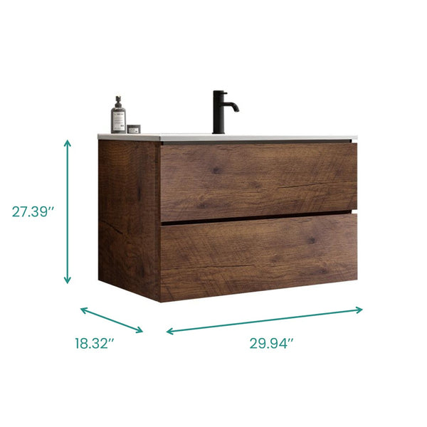 English Elm Wall Mount 30" Walnut Bathroom Vanity With Ceramic Sink & Storage – Modern Floating Design, Pre-Assembled W1865S00106-GIGA
