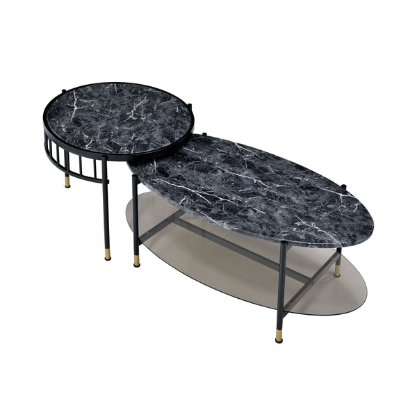 English Elm Silas 2-Piece Nesting Coffee Tables with Faux Marble Engineered Stone Tops, Black Metal Frame Durable B2726P251663