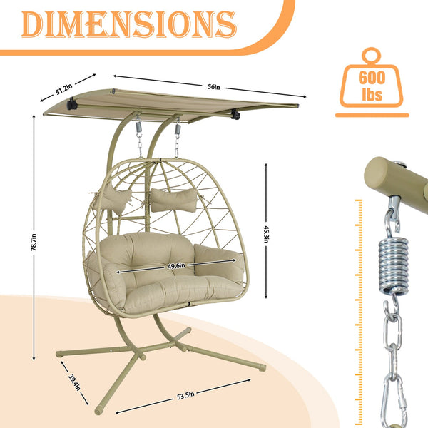 English Elm 2-person Wicker Egg Hanging Chair with Canopy Steel Stand Outdoor Patio Swing T5880P502248