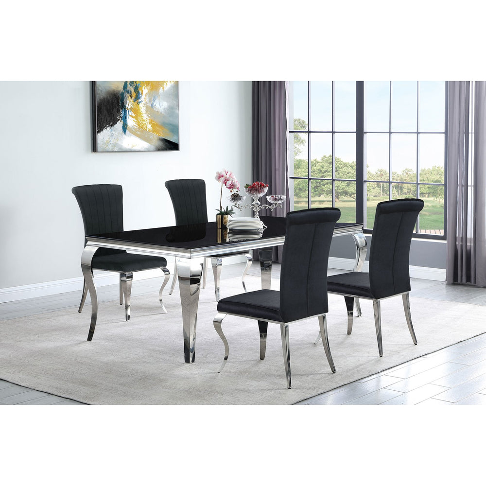 English Elm Black Tempered Glass Dining Set with Velvet Chairs and Sculptural Steel Legs B062S01827