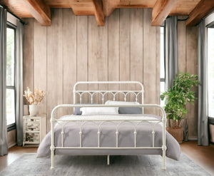 English Elm Citron White Metal Full Bed with Spindle Headboard, 330lb Capacity, 4 Slats & 6 Legs Support B2726P265250