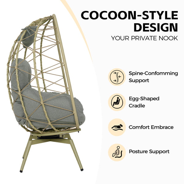 English Elm Oversized Swivel Wicker Egg Chair with Plush Cushions for Patio or Indoor Lounge T5880P501008