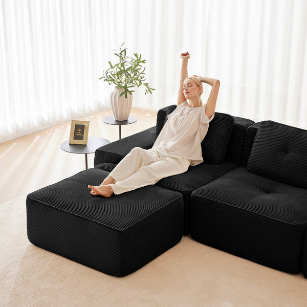 English Elm 153" Modern L-Shaped Modular Sectional Sofa - Plush Corduroy, Deep Seats, Movable Ottoman, No Assembly! W714S01481