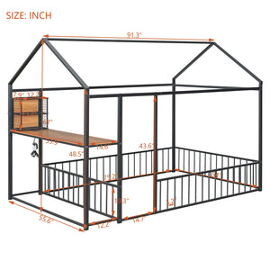 English Elm Full Size Metal House Bed Frame with Desk, Shelves, USB Power Ports & Playful Roof for Kids Room Delight Black N737P173491B