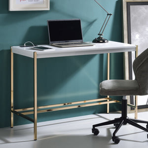 English Elm Rectangular Writing Desk with USB Port and Metal Frame, Rustic Textured Finish for Cozy Workspace_x0003_ Gold,White B016P326489