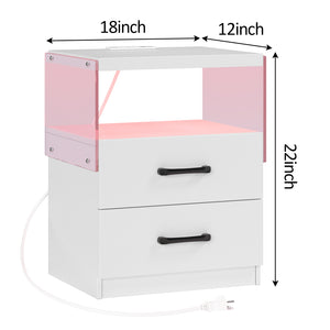 English Elm Nightstand with LED Lights and Adjustable Colors, Modern Bedside Table with Power Outlets & Drawers White 22 L x 8 W x 18 H W2178P252967