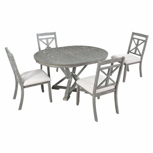 English Elm Trexm Retro Extendable Round Dining Set with Four Linen Upholstered Chairs Rubberwood Grey ST000141AAE-2026
