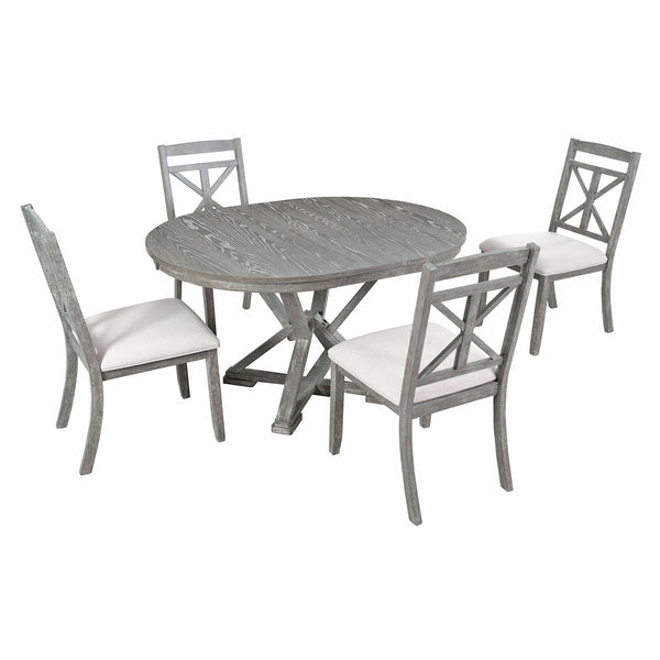 English Elm Trexm Retro Extendable Round Dining Set with Four Linen Upholstered Chairs Rubberwood Grey ST000141AAE-2026