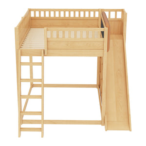 English Elm Full Size Kids Loft Bed Pine Frame Upholstered Headboard Built in Slide and Storage Shelves Natural W1580S00306