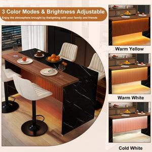 English Elm 63" Modern Kitchen Island Set With 4 Beige Bar Stools - Elegant Black Marble, Led Light & Grille Design W2699S00075