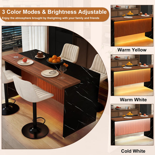 English Elm 63" Modern Kitchen Island Set With 4 Beige Bar Stools - Elegant Black Marble, Led Light & Grille Design W2699S00075