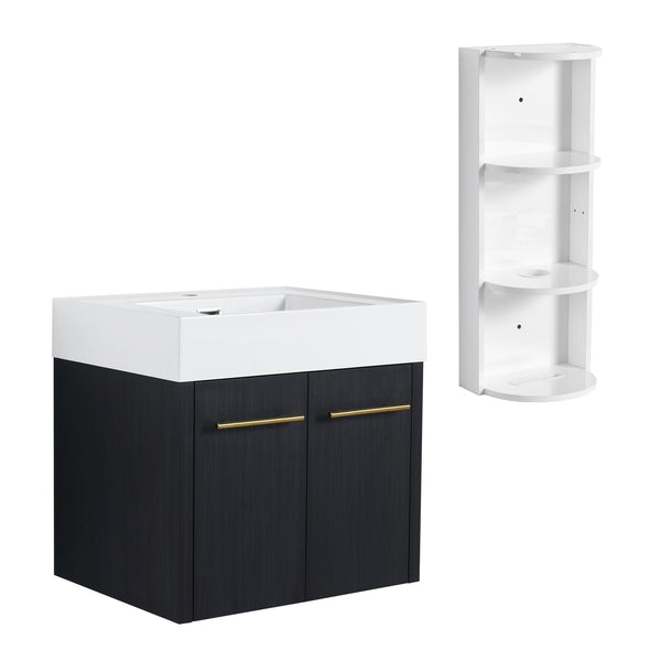 English Elm 24 Inch Wall-Mounted Bathroom Vanity Set With Thick Resin Sink & Three-Tier Storage Rack Design W999S00365