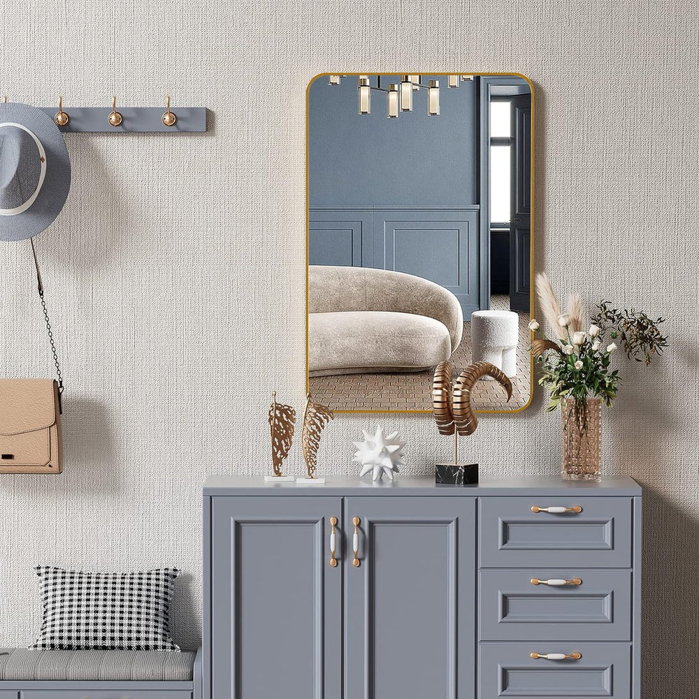 English Elm 24X36 Inch Gold Metal Framed Rectangular Bathroom Mirror - Modern Elegance For Any Space W2203P302740