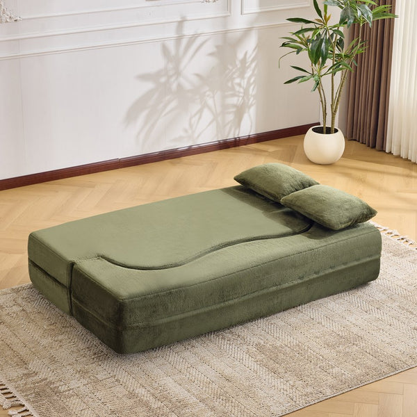 English Elm 71-inch plush folding sofa bed with high-density foam, faux fur futon convertible for guests and yoga Green W1829P362308
