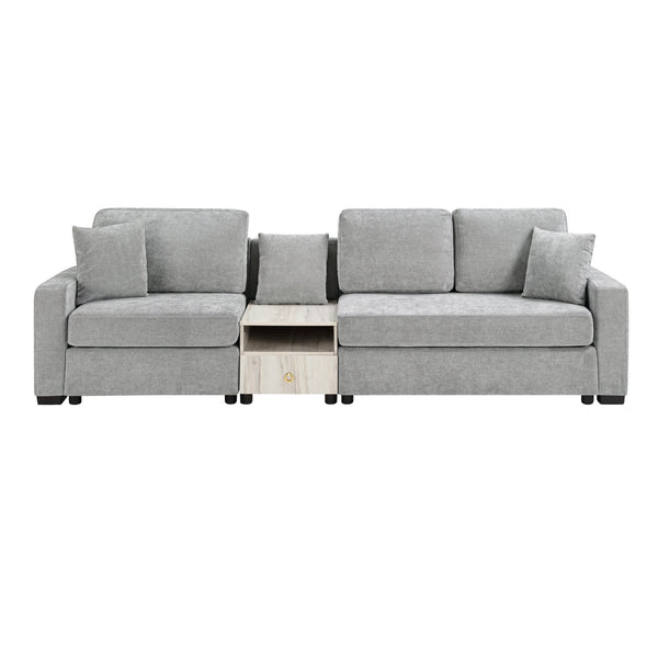 English Elm Modern Chenille Three Seat Sofa with Console Storage Armrest for Living Room Grey N763S000060E