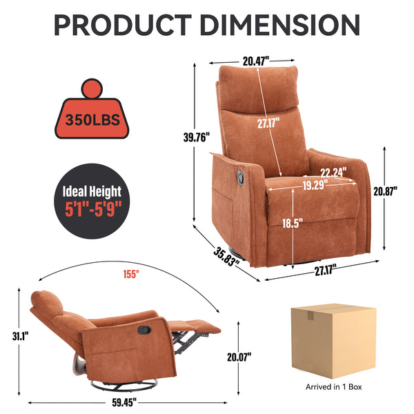 English Elm Heat Massage Rocker Recliner with Swivel Base and Vibrating Nodes for Living Room Orange W1803P251882