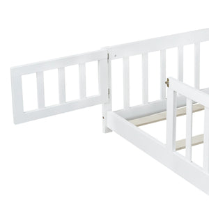 English Elm Queen Rubber Wood Floor Bed with Full Perimeter Safety Fence and Hinged Access Door White W504P429340