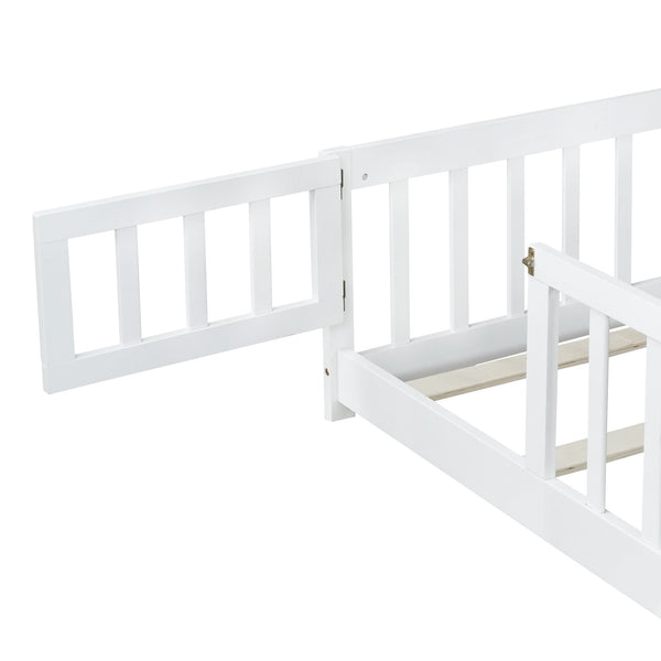 English Elm Queen Rubber Wood Floor Bed with Full Perimeter Safety Fence and Hinged Access Door White W504P429340