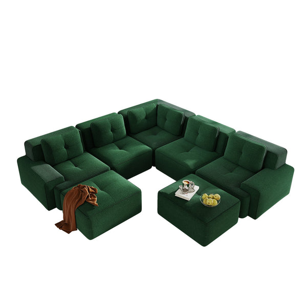 English Elm Modular Corduroy Sectional Sofa V Shaped 5 Seat Living Room Couch with Ottoman Green W714S01583