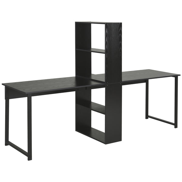 English Elm Long Double Workstation Desk with Four-tier Bookshelf for Shared Home Office Use T3971P386957