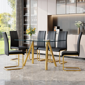 English Elm Tempered Glass Six Seat Dining Set with Gold Metal Base and Black Pu Leather Chairs W3875S00049
