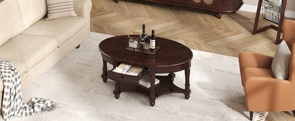 English Elm Vintage Oval Coffee Table With Drawer And Open Shelves, French Country Style Accent Table In Walnut N735P277388D-GIGA