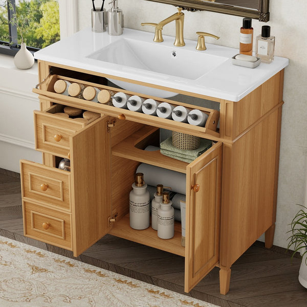 English Elm 36" Modern Bathroom Vanity with Ceramic Sink, Solid Rubber Wood & MDF, Flip Drawer, Soft-Close Doors N725P350825N