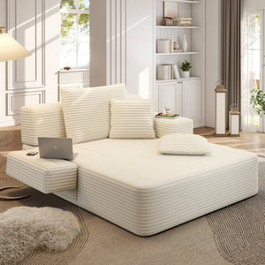 English Elm Luxurious Corduroy Convertible Chaise Lounge Sofa Bed with Foam Support for Apartments Beige W3219P449012