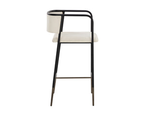 Sunpan Brenan Counter Stool - Elegant Curved Backrest, Unique Faux Leather, Black Metal Frame & Brass Caps Zenith Alabaster