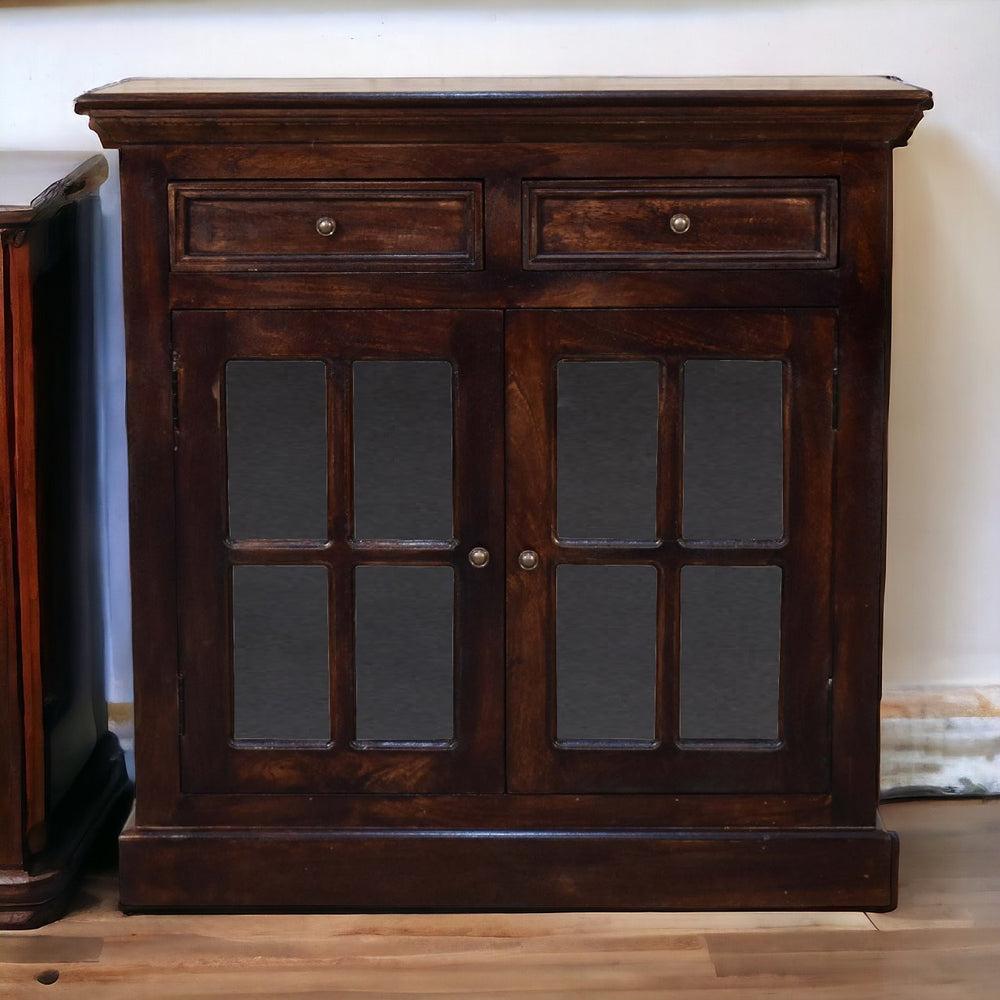 English Elm Solid Wood Walnut Cabinet Glazed Doors Brass Knobs Warm Storage for Any Room B182P186219