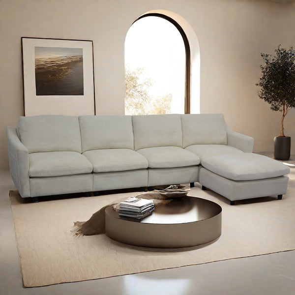 English Elm 4-Seater Modular Cloud Sofa in Beige Fabric with Ottoman, Memory Foam Comfort, Pockets & Pillows W1183S00011