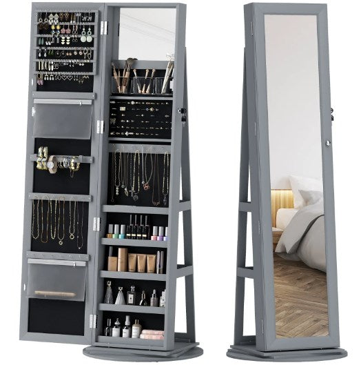 English Elm Robust Rotating Floor Jewelry Armoire with Full Length Mirror and Locking Mdf Cabinet T3971P430645