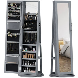 English Elm Robust Rotating Floor Jewelry Armoire with Full Length Mirror and Locking Mdf Cabinet T3971P430645