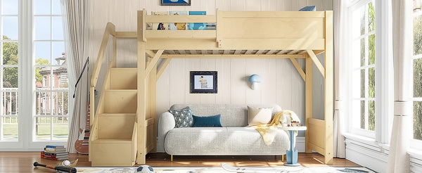 English Elm Twin Low Loft Bed Solid Pine Frame Kids Study Desk Blackboard Storage White Natural W1580S00547