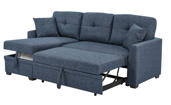 English Elm 76.5" Chenille Tufted Sectional Sleeper Sofa with Reversible Chaise and Hidden Storage Dark Blue B2748S00003