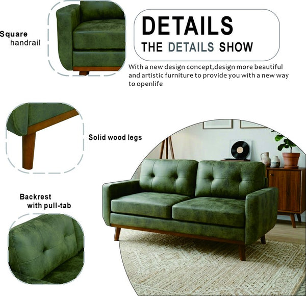 English Elm 65-inch Two Seat Sofa Breathable Foil Fabric Diamond Quilted Back Solid Wood Legs Olive Green W5568P478817