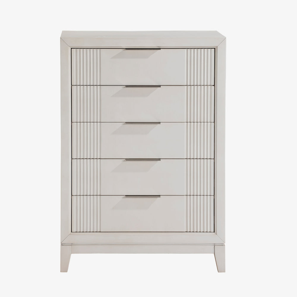 English Elm Antique White Five Drawer Chest with Reeded Fronts and Chrome Pulls for Bedroom B011P245410