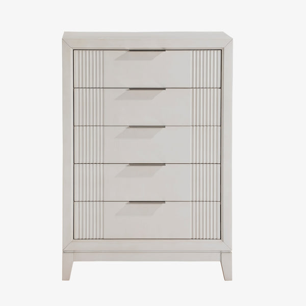 English Elm Antique White Five Drawer Chest with Reeded Fronts and Chrome Pulls for Bedroom B011P245410