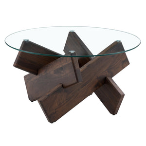 English Elm Round glass coffee table with tempered clear top, walnut MDF legs, adjustable anti-slip feet, modern centerpiece W1151P230572