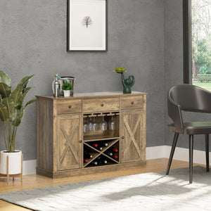 English Elm Homcom Rustic Oak Farmhouse Coffee Bar Cabinet With Wine Rack, Drawers & Versatile Storage Solutions W2225P217399
